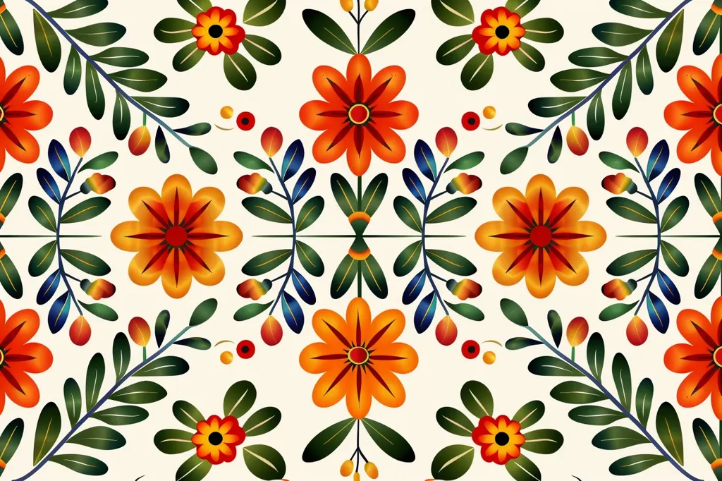 The image is a symmetrical, repeating pattern of stylized flowers and leaves. The flowers are predominantly orange with red centers and are arranged in a grid pattern with green leaves, blue stems and red berries. The background is a cream color.  The design appears to be inspired by traditional Mexican folk art.