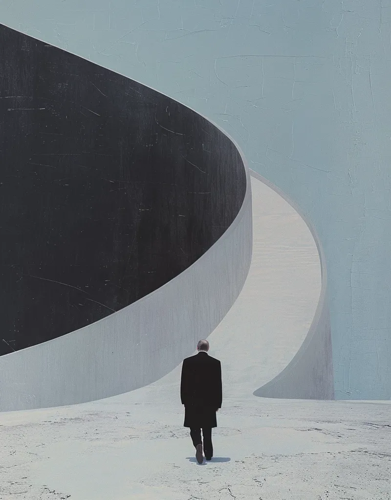 A man in a black suit walks away from the viewer towards a large, curved structure made of white and black concrete. The structure creates a sense of mystery and isolation. The man's solitary figure and the abstract architecture create a sense of solitude and contemplation.  The image is a minimalist depiction of a lone figure navigating an unknown path.