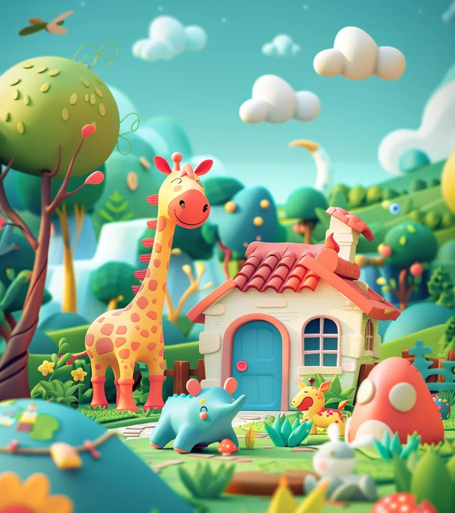 A cartoonish, 3D rendered image depicts a charming scene. A cute giraffe stands next to a small, white house with a blue door. A blue, elephant-like creature walks towards the house, while a yellow giraffe and a red mushroom are in the background. The scene is set in a lush, green forest with vibrant blue skies and fluffy clouds.