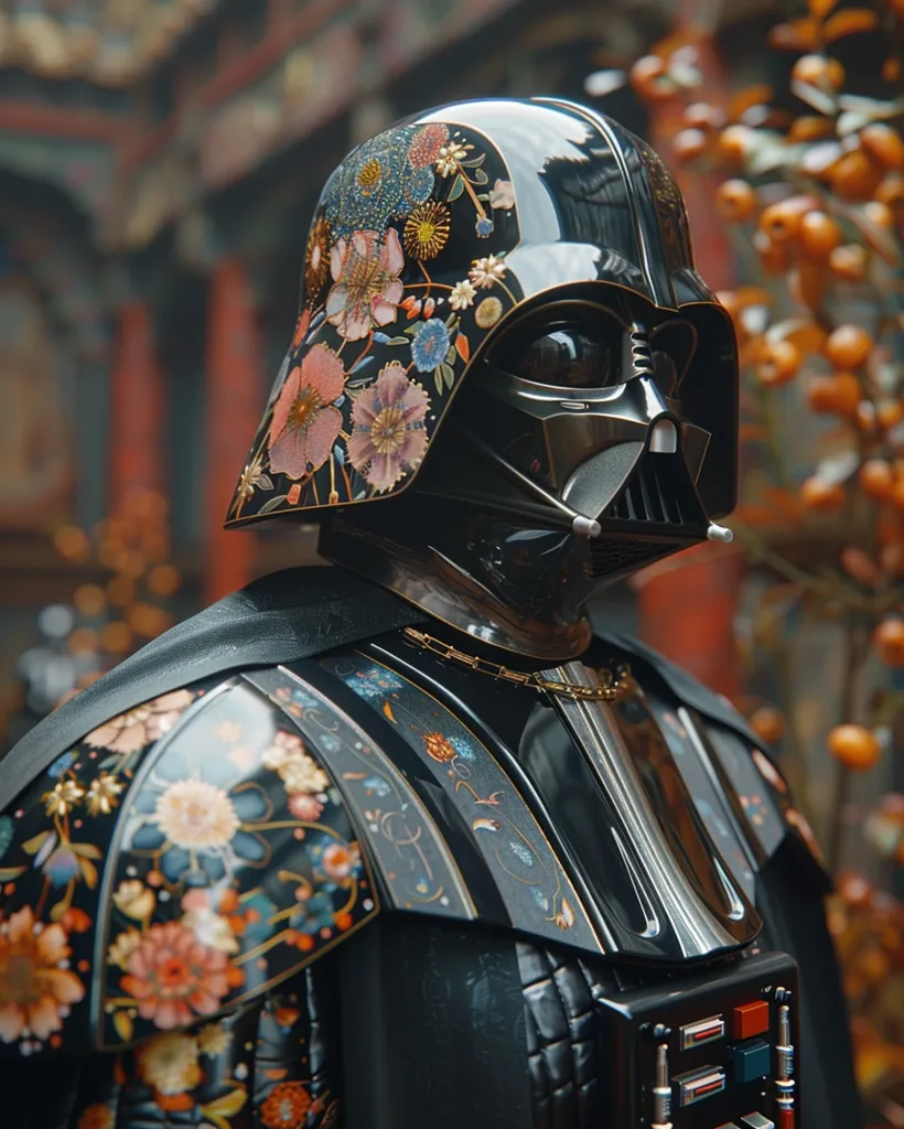 Darth Vader, the iconic villain from Star Wars, is depicted with a unique twist. His helmet and armor are adorned with intricate floral patterns, creating a striking contrast between his menacing persona and delicate beauty. The vibrant colors and detailed embroidery transform the dark lord into a work of art, blending classic sci-fi with traditional Asian aesthetics. The background suggests an oriental setting, adding to the enigmatic and unexpected portrayal.