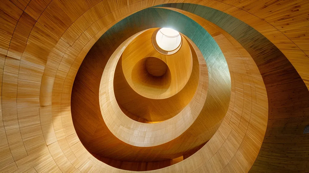 The image shows a wooden spiral staircase with a circular skylight at the top. The light from the skylight illuminates the wooden panels of the staircase, creating a warm and inviting atmosphere. The spiral shape of the staircase creates a sense of movement and dynamism. The image is a beautiful example of architectural design.