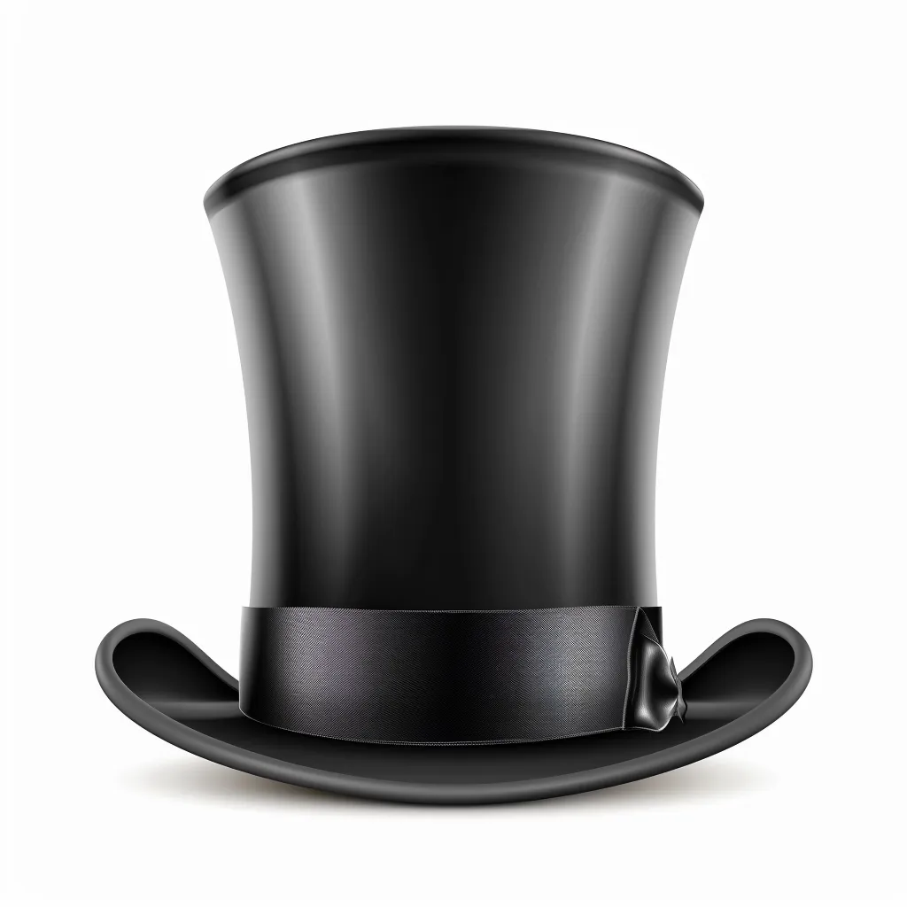 A classic black top hat with a wide brim and a black satin ribbon around the base. It is a formal accessory often associated with magic, theater, and old-fashioned elegance. The hat is rendered in a realistic style, with smooth surfaces and subtle highlights that give it a polished look. It stands isolated against a white background.
