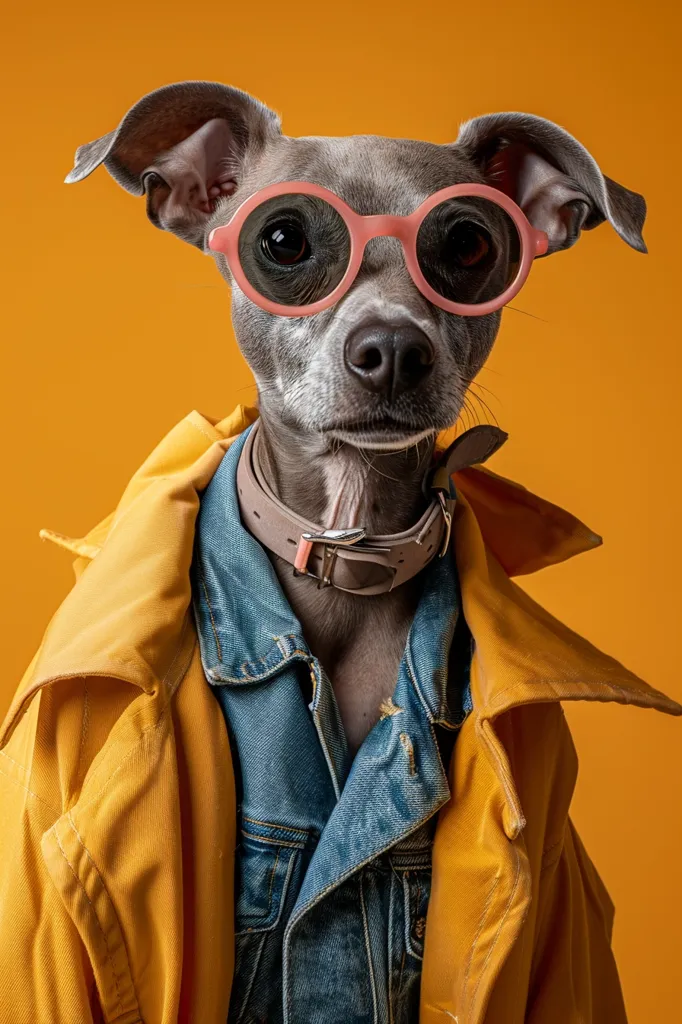 A grey Italian Greyhound dog wearing a yellow jacket and a denim shirt looks directly at the camera. The dog is wearing pink round sunglasses and a brown leather collar.  The background is a bright orange. The dog has a serious expression on its face.  The image is well-lit and the colors are vibrant.  The dog is dressed in a stylish, human-like outfit and appears to be posing for a portrait.