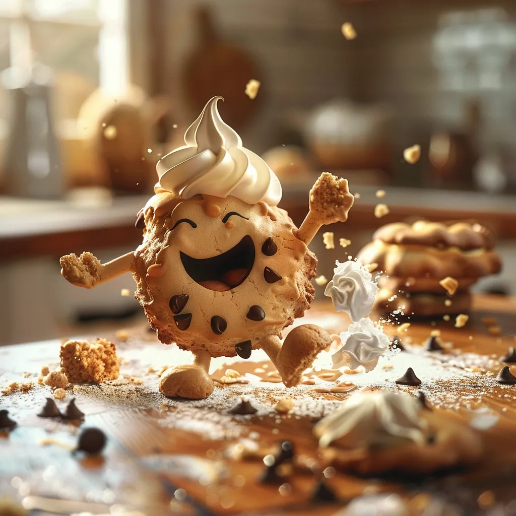 A chocolate chip cookie with a smiling face and a white swirl of frosting on top is dancing on a wooden table. It's surrounded by chocolate chips, cookie crumbs, and white meringue. The cookie is laughing and has a joyful expression on its face. The image evokes a sense of playfulness and fun.