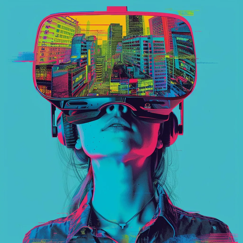A woman wearing a virtual reality headset looks up with a serene expression. The headset displays a vibrant cityscape with a yellow-pink sky. The woman's face is illuminated in shades of blue and pink, creating a futuristic and surreal aesthetic. The background is a bright blue, emphasizing the contrast between the real and virtual worlds.