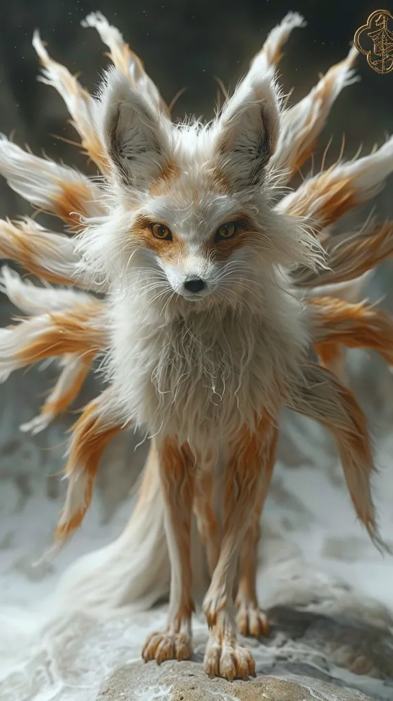 A white and golden fox with long, flowing fur stands on a rocky surface. The fur around its neck and back is especially long, creating a halo effect. The fox has piercing orange eyes and a regal, slightly apprehensive expression. The image is stylized and ethereal, evoking a sense of mystique.