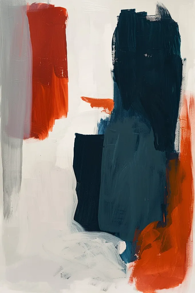 The abstract painting features bold, contrasting colors. A large, dark teal shape dominates the right side, while a rectangular orange shape sits on the left. A sliver of gray stands beside the orange, and white space dominates the center. The colors are applied with visible brushstrokes, adding texture and depth.