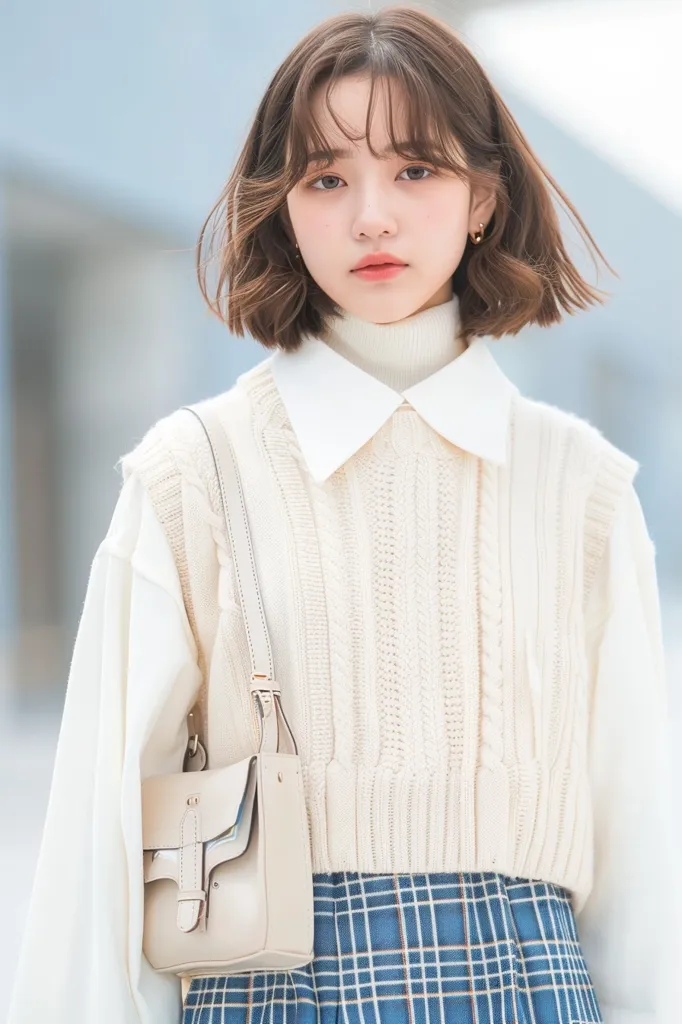 A young woman with short brown hair and bangs is wearing a white collared sweater with a cream-colored knitted vest over it. She's also wearing a blue and white plaid skirt and carrying a light beige handbag. The background is out of focus, but it appears to be a white and blue urban setting. She has a calm and serious expression on her face.