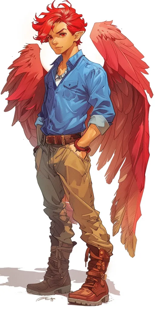 The image depicts a young man with fiery red hair and a pair of large, red wings. He wears a blue button-down shirt, brown pants, and a pair of sturdy boots. He has a confident expression and seems ready for adventure. The wings are spread out behind him, adding to his imposing presence. The overall style is cartoonish and colorful, evoking a sense of fantasy and wonder.