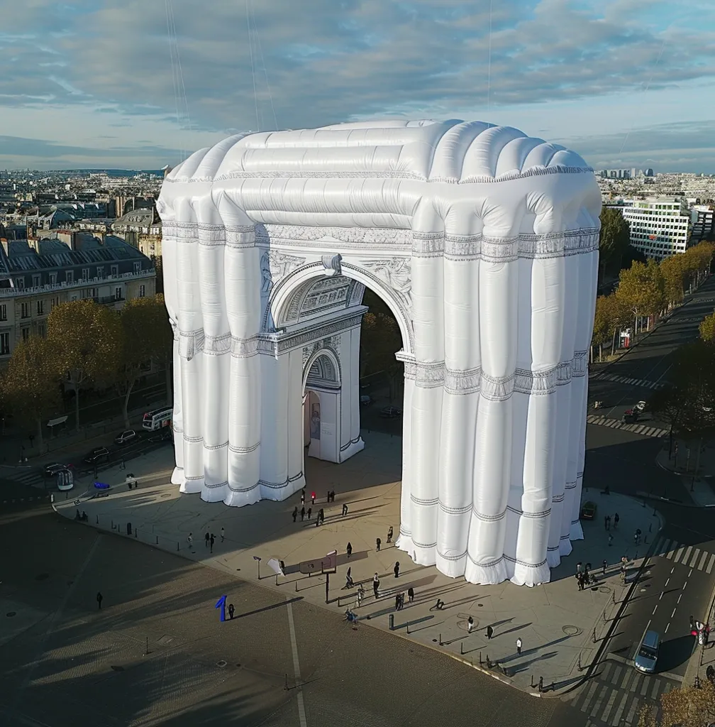 A large inflatable replica of the Arc de Triomphe stands in a Parisian square. The replica is made of white fabric and has a detailed black and white drawing of the arch on its surface. People are walking around the replica, some of whom are standing beneath the arch. The city skyline can be seen in the background. The sky is clear and blue.