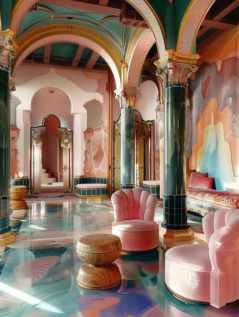 The image shows a grand, opulent interior with a high, arched ceiling and ornate columns. The room is painted in a vibrant palette of pinks, greens, and golds, creating a luxurious and inviting atmosphere. The floor is polished and reflective, reflecting the light and the colors of the room. Two plush pink armchairs and a wooden table stand in the center of the room, inviting visitors to relax and enjoy the elegant surroundings. The walls are adorned with intricate patterns and murals, adding to the overall sense of grandeur and beauty.