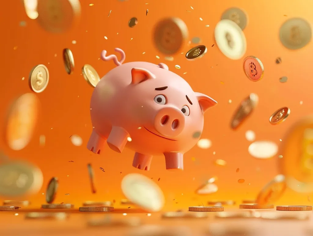 A cartoon pink piggy bank with a slightly surprised expression floats against a bright orange background. Many gold coins fall around it, with a few coins resting on the ground in the foreground.  The image suggests wealth, savings, and a playful approach to finances.