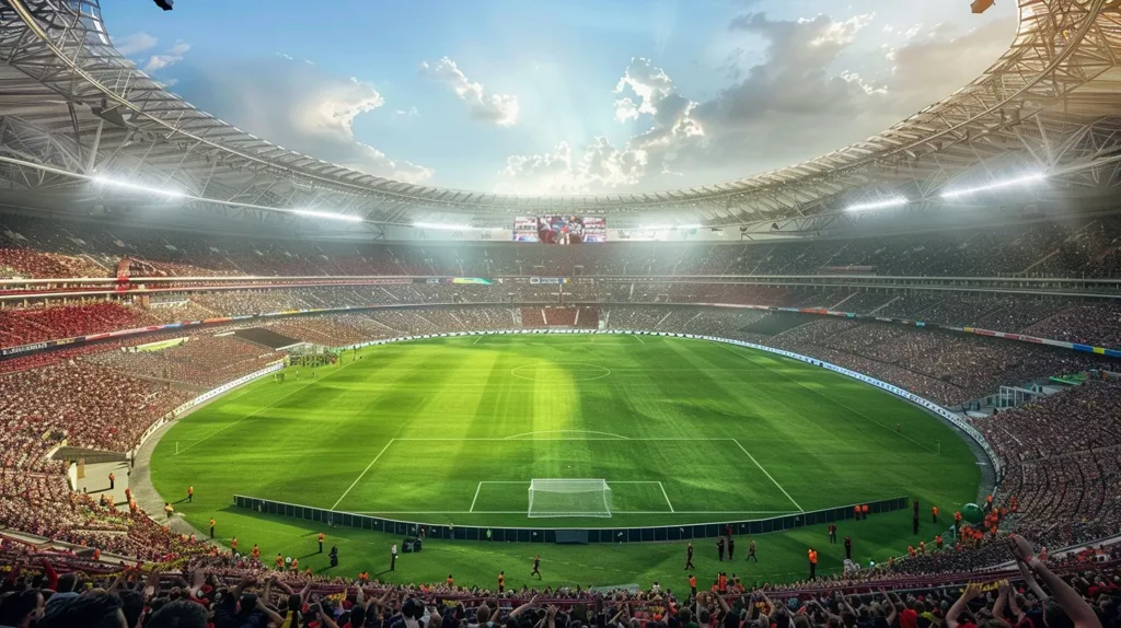 A vast, modern stadium with a lush green field, surrounded by rows of cheering fans. The stadium has a retractable roof and a large scoreboard showing a game. The sun shines through the clouds, creating a bright and energetic atmosphere.  The image captures the excitement and passion of a live sporting event.
