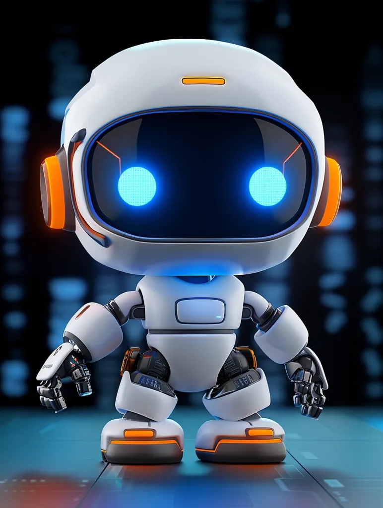 A white, cartoon-style robot with large blue eyes stands on a blue platform. It has orange accents on its head and feet, and its arms are slightly bent at the elbows. The robot has a futuristic, sleek design. The background is a blurry, blue-toned cityscape.