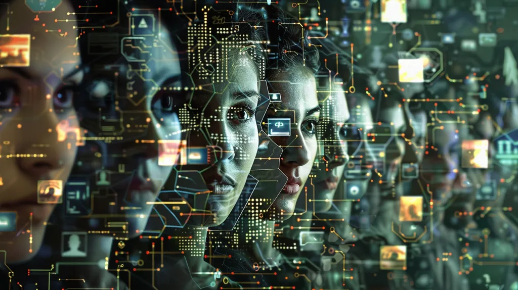 The image shows several faces, partially obscured by a grid of digital lines and icons. The faces are predominantly female, with a focus on the eyes and mouths. The digital elements suggest a theme of technology, data, and perhaps artificial intelligence. The overall effect is one of mystery and intrigue, with the faces appearing both human and otherworldly.
