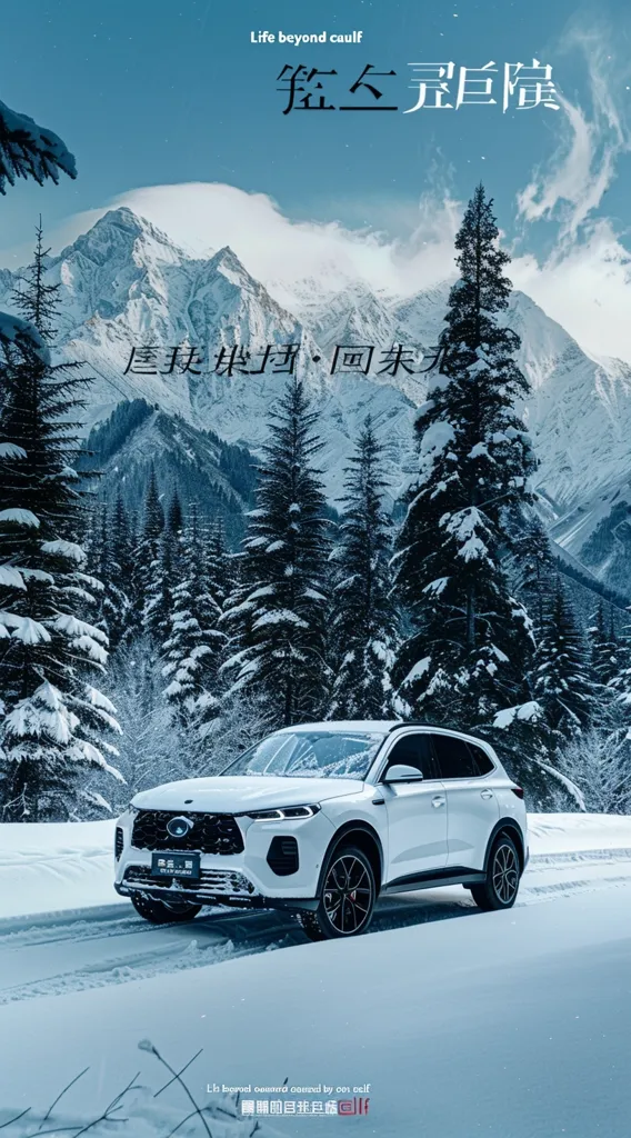 A white SUV drives through a snowy mountain landscape. The car is in the foreground, with snow-covered trees and a snow-capped mountain range in the background. The sky is a bright blue with some clouds. The Chinese characters in the image are a slogan for the car. The image is a classic advertising shot for a vehicle, highlighting its capability in difficult terrain.