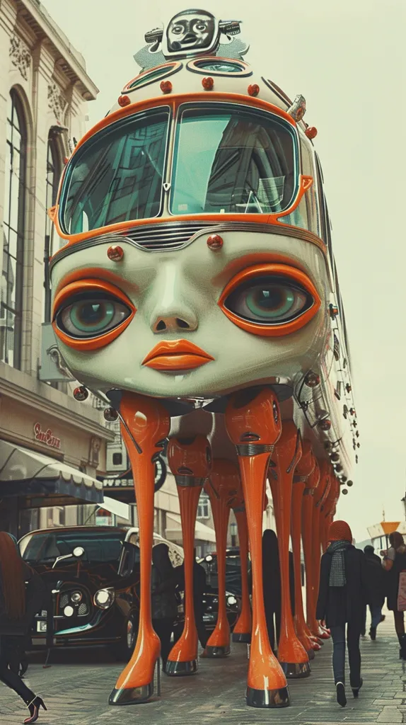 A large, anthropomorphic, retro-futuristic vehicle with a doll-like face, large, bright eyes, and orange lips is walking down a city street on long, orange stilts. The vehicle is chrome and orange, with a distinctive, angular design. People are walking by the vehicle, oblivious to its unusual nature. The overall tone is whimsical and surreal.