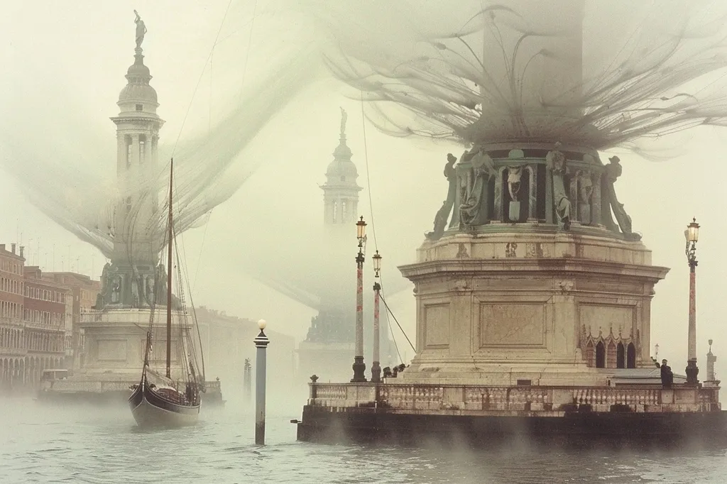 A tall, ornate tower with a statue on top is shrouded in fog. A small sailboat passes by a large, square-shaped column with ornate details and figures. The fog creates a sense of mystery and wonder, highlighting the beauty of the architecture.  A row of buildings and another tower are visible in the background. The scene evokes a feeling of tranquility and isolation.