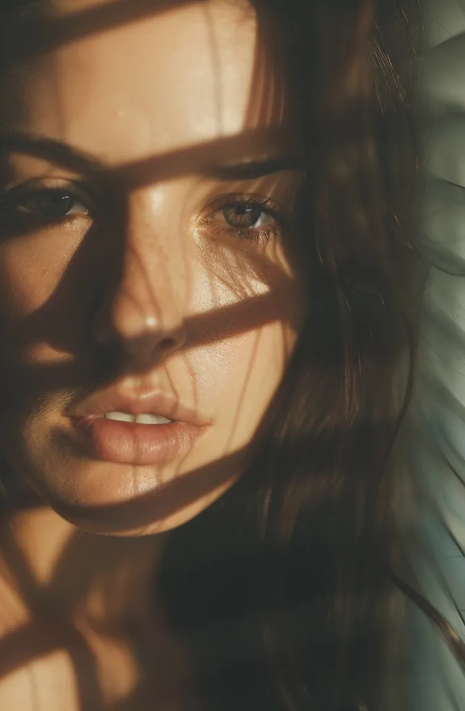 A woman with long, dark hair is looking at the camera. Her face is partially obscured by shadows cast from blinds. The light creates a warm glow on her skin. Her eyes are large and expressive. Her lips are full and slightly parted. She appears to be in a state of contemplation.