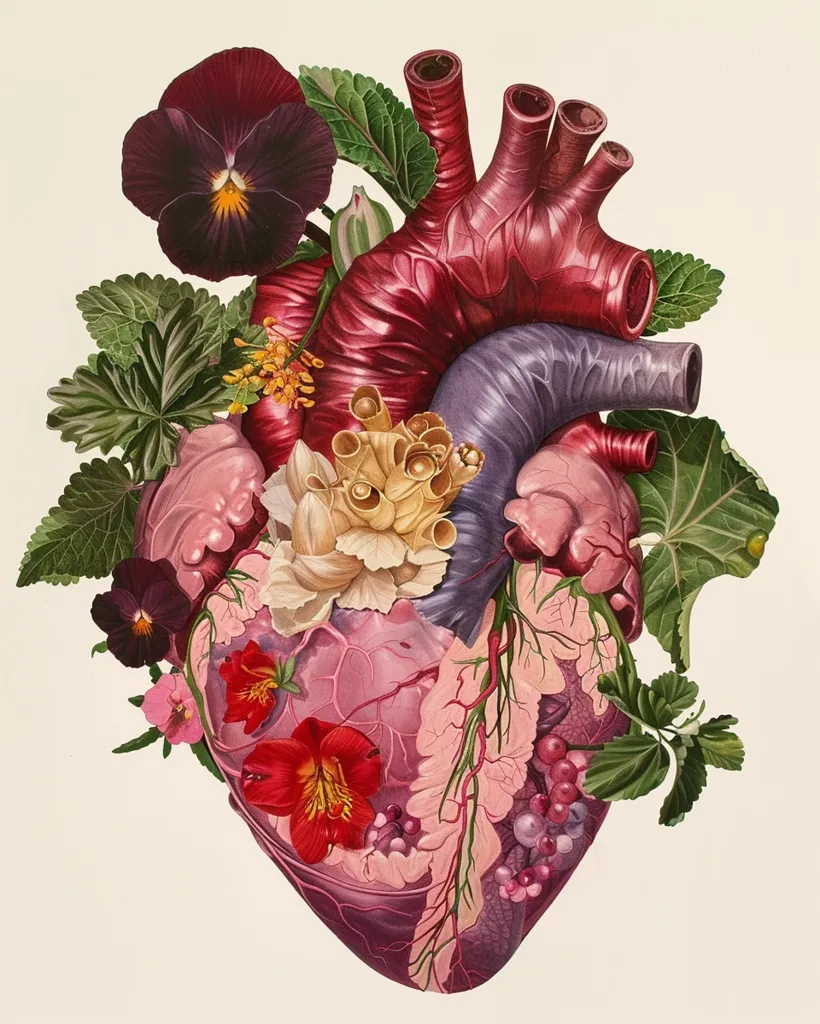The image depicts a human heart, rendered in a realistic style, intricately adorned with a variety of flowers, leaves, and vines. The heart is shown in cross-section, revealing its internal chambers and vessels, which are now intertwined with the botanical elements. The colors are vibrant and detailed, creating a sense of both beauty and complexity. The overall effect is one of organic unity and interconnectedness.