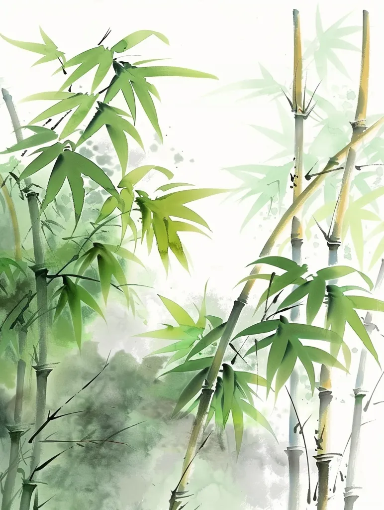 The image depicts a traditional Chinese watercolor painting of bamboo plants. The bamboo stalks are rendered in shades of green and yellow, with delicate black outlines. The leaves are a vibrant green, with soft, flowing strokes that convey a sense of movement. The background is a hazy, ethereal wash of light green, suggesting a misty atmosphere. The overall effect is one of tranquility and serenity, capturing the essence of nature in a simple and elegant way.