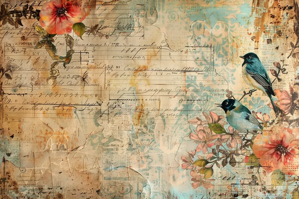 The image is a vintage-style collage with a textured background. It features a blue bird perched on a branch of flowers, another blue bird in flight, and a red flower in the top left corner. The background is covered in handwritten text, faded patterns, and a light blue wash. The image gives a feeling of nostalgia and old-fashioned charm.