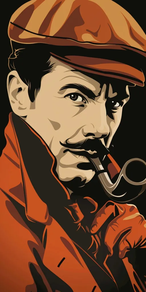 A man with a mustache and a cap is depicted in a cartoon style, holding a pipe in his hand. He is wearing an orange jacket and has a serious expression on his face. The background is black, highlighting the man and the details of his outfit. The image has a vintage feel.