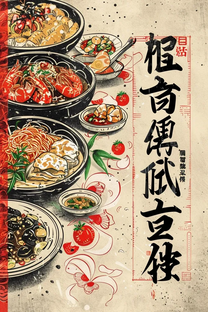 The image showcases a vibrant and visually appealing arrangement of five bowls of food, each containing a different dish. The bowls are strategically positioned on a textured backdrop, creating a sense of depth and visual interest. The image features a Japanese aesthetic, with stylized floral elements and calligraphy adding to the overall artistic composition. The food itself looks delicious, with a variety of ingredients and textures. The image is a celebration of food and its cultural significance.