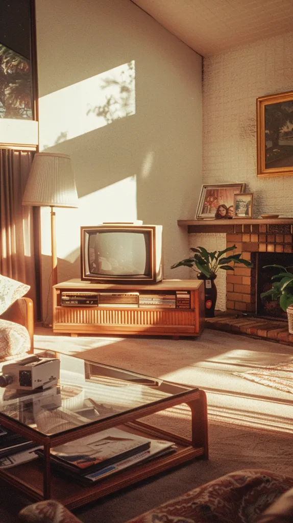 A vintage living room with warm, natural lighting. A large, wooden entertainment center houses a television set, framed pictures and a plant. Sunbeams pour in through a window, casting long shadows across the carpet and the glass coffee table. A  fireplace sits to the right with a brick surround. The room has a timeless and cozy feel.