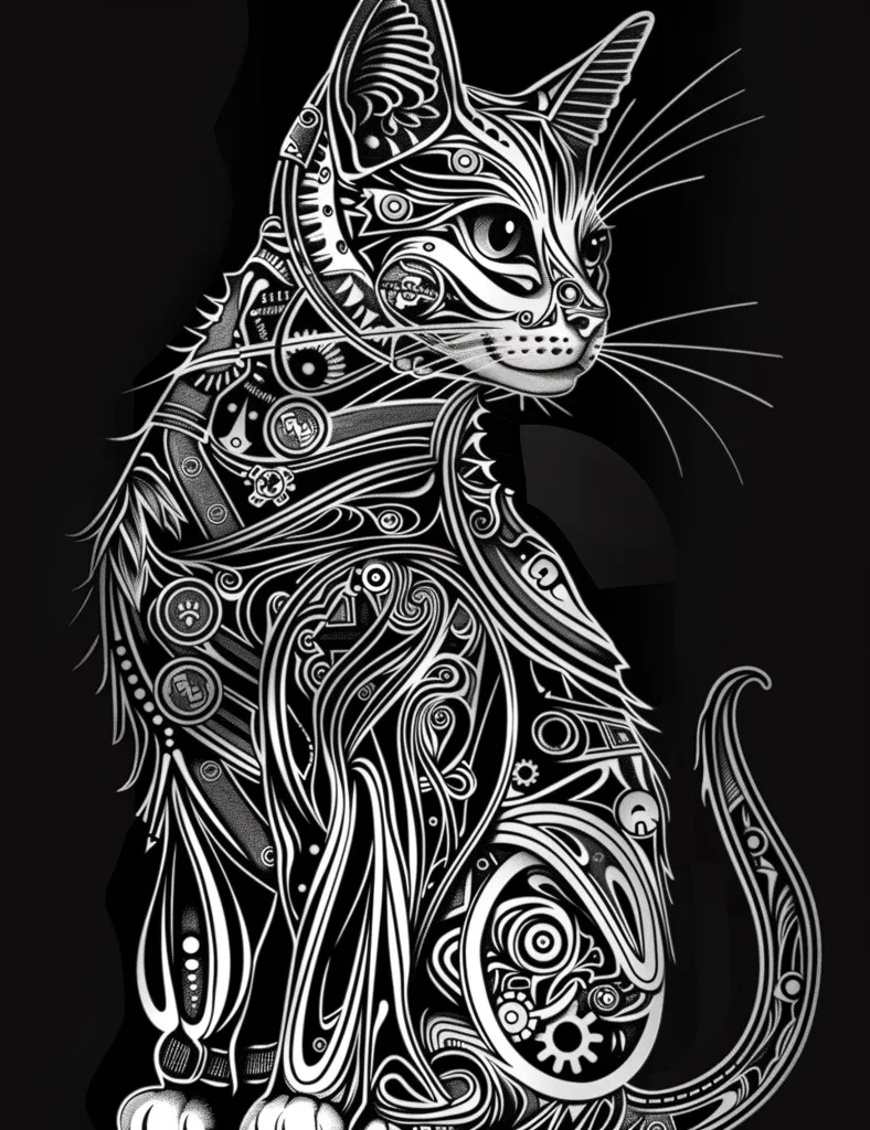 The image depicts a stylized cat in a black and white color scheme. The cat is rendered in a intricate pattern of swirls, lines, and geometric shapes that resemble mechanical gears and parts, creating a steampunk-inspired aesthetic. The cat is sitting in a pose reminiscent of a classic feline, but with a mechanical twist. The image is detailed and full of visual interest, highlighting the artist's creativity and skill.