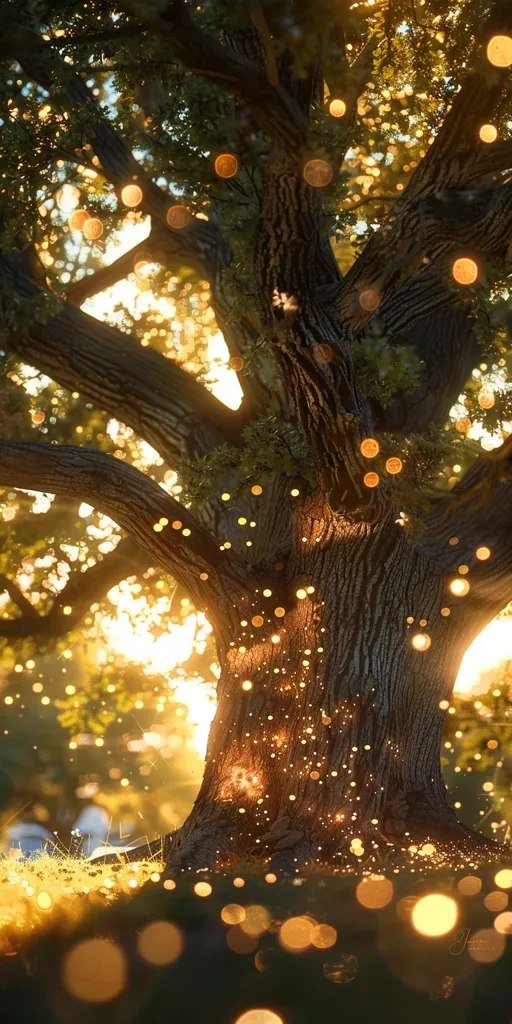 A large oak tree stands tall in a sun-dappled forest. Its thick, gnarled branches reach towards the sky, casting long shadows on the ground. The sunlight filters through the leaves, creating a magical atmosphere of golden bokeh. The scene evokes a sense of peace and tranquility, inviting the viewer to lose themselves in the beauty of nature.