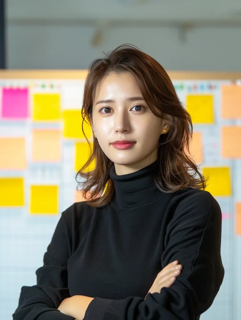 A young woman with long brown hair stands in front of a whiteboard covered in sticky notes. She is wearing a black turtleneck sweater and has her arms crossed. Her expression is serious and focused. The image conveys a sense of professionalism and determination.