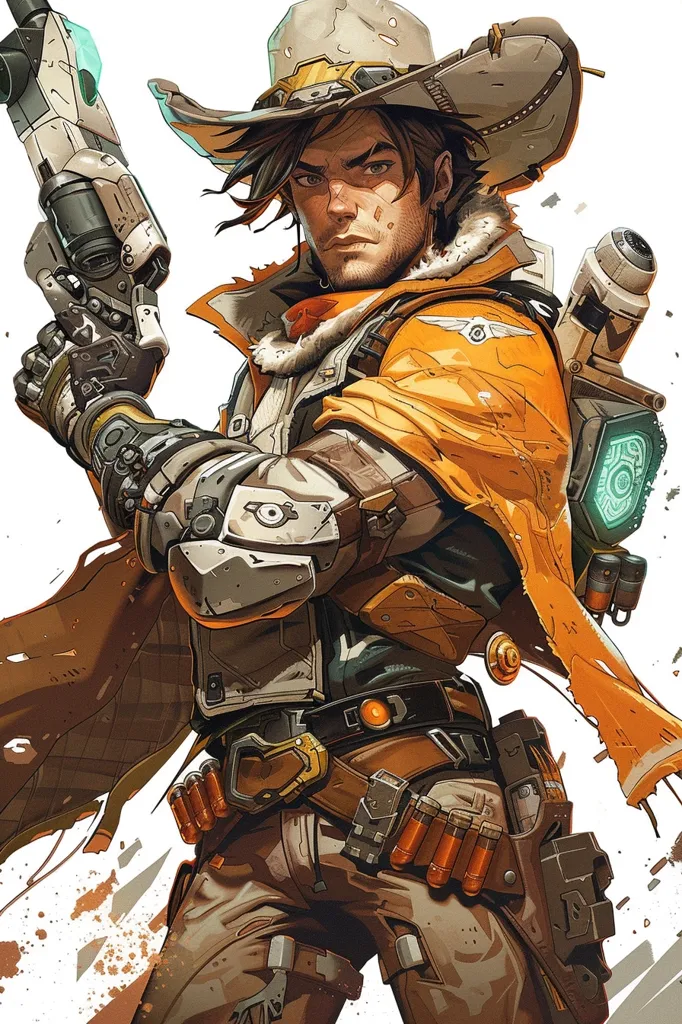 A futuristic cowboy, with a determined expression, holds a futuristic weapon in his right hand. He wears a brown leather jacket with a fur collar, a large belt with ammunition, and a large, brown cowboy hat.  The background is blurred and has a white and orange color scheme.  The image is a cartoon style.