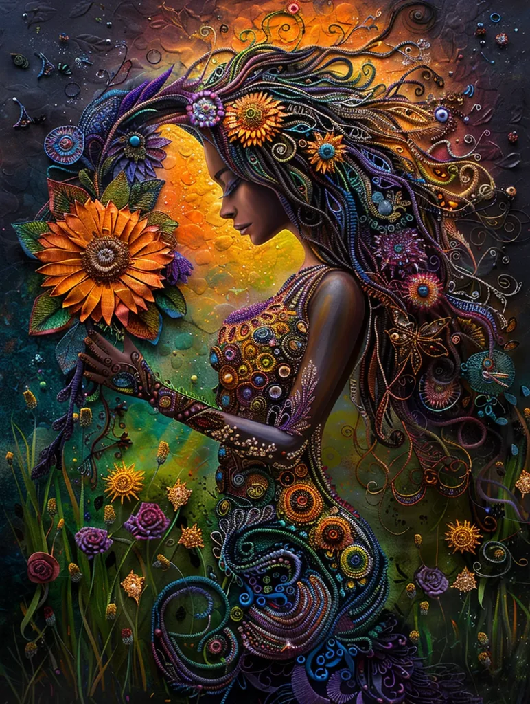 A woman with long, flowing hair adorned with flowers and beads stands amidst a field of vibrant flowers. She holds a large sunflower in her hand, her gaze cast downward. The entire image is a colorful and intricate tapestry of beads, flowers, and swirls, creating a whimsical and surreal scene. The woman's skin is a rich brown, and her dress is a flowing cascade of colorful beads and fabrics. The background is a warm, golden light, suggesting the setting sun. The image is full of life and beauty, inviting the viewer to get lost in its intricate details.