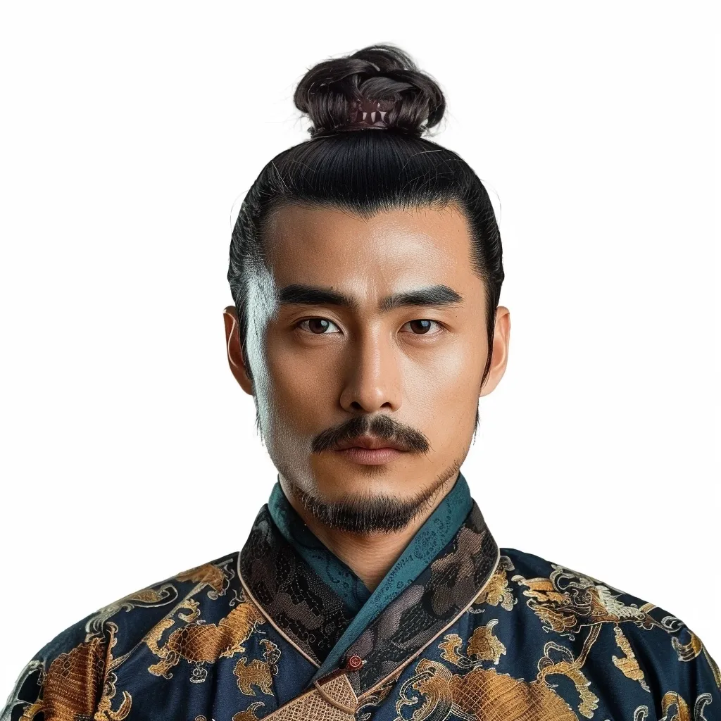The image shows a man with dark hair pulled back in a bun, wearing a traditional Chinese robe with intricate embroidery. He has a serious expression with a neatly trimmed mustache and beard. The background is a plain white, making the man and his attire the focus of the image. He appears to be looking directly at the viewer, creating a sense of intensity. The image suggests a portrayal of a historical figure or a character from a period drama.