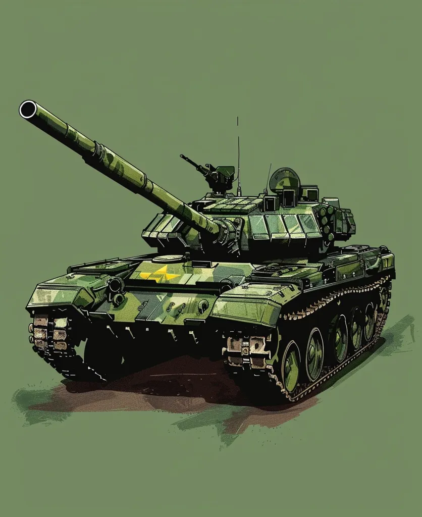 A military tank is depicted in a cartoon style, facing the viewer. It is painted in a camouflage pattern of green, brown, and black. The tank has a large cannon mounted on the front, with a smaller turret on top. The tank is sitting on a grassy ground. The image is stylized, with a painterly effect. The tank appears to be a Soviet T-72 main battle tank.  The image has a green background.