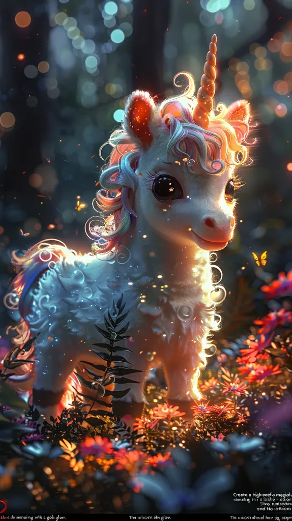 A white unicorn with a pink and blue mane and tail stands in a magical forest. It has a golden horn and large, expressive eyes. The unicorn is surrounded by glowing flowers and butterflies, and the air is filled with a warm, ethereal light. The scene is enchanting and magical, evoking a sense of wonder and whimsy.