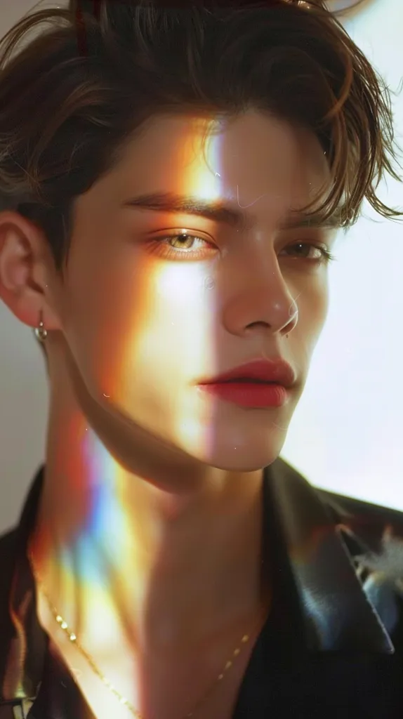 A young man with dark hair and a delicate face is bathed in warm, golden light. A rainbow prism casts a shimmering pattern across his skin, highlighting his cheekbones and the curve of his jawline. His eyes are a soft brown, and his lips are painted a vibrant red. He gazes directly at the viewer with a sense of calm intensity. The image is striking for its use of light and color, creating a dreamy and ethereal atmosphere.