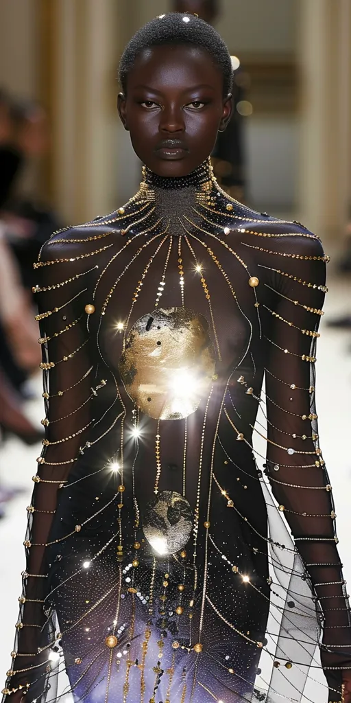 A woman with dark skin and short black hair wears a black sheer gown adorned with gold chains and beads. The chains form a geometric pattern over the gown, creating a constellation-like effect. Her expression is serious and slightly intense, drawing attention to the intricate details of the outfit.