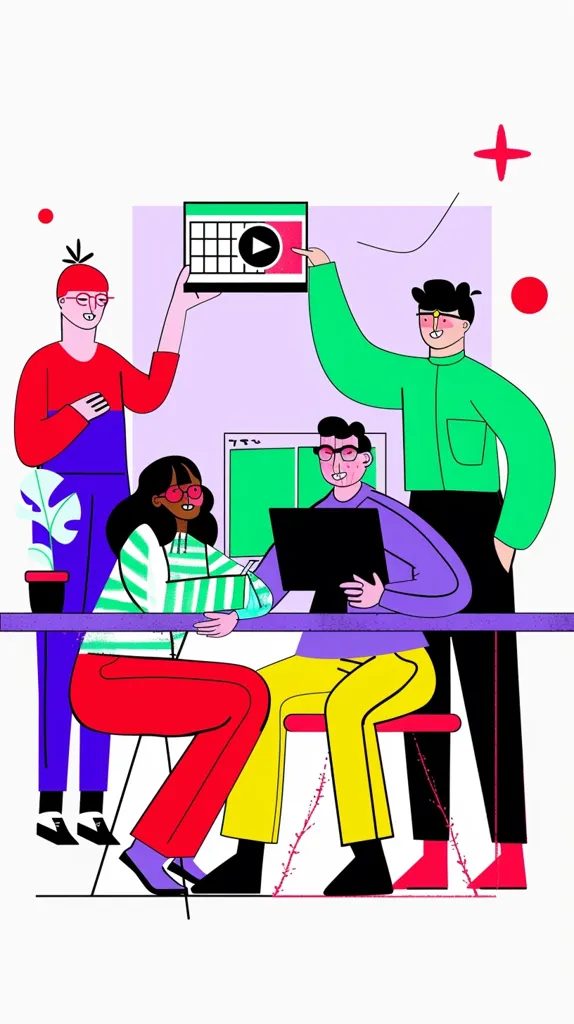 Four cartoon people are collaborating around a desk, using a laptop and a whiteboard. One person is pointing to a play button on the whiteboard. The illustration has a colorful and playful style.  They are working together on a project, possibly a video or presentation.