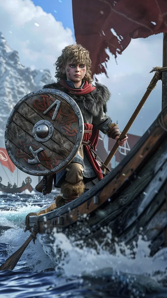 A young Viking warrior, clad in furs and wielding a shield, stands on a longboat, his face grim and determined. The boat slices through the churning waves, leaving a white trail of spray in its wake. A tattered red flag flutters behind him, as if caught in the wind of his bold resolve. The warrior's eyes are fixed on the horizon, a symbol of the journey and challenges that lie ahead.