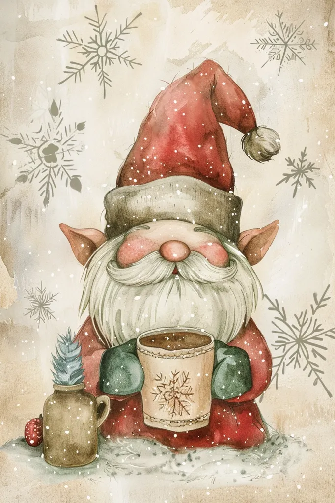 A watercolor illustration of a gnome wearing a red hat and mittens, holding a cup of hot chocolate. He is sitting in a snowy scene with snowflakes falling around him. He has a happy expression on his face and is enjoying his warm drink. There is a small, brown pot with a green plant in it next to him.  The illustration has a warm and cozy feeling.