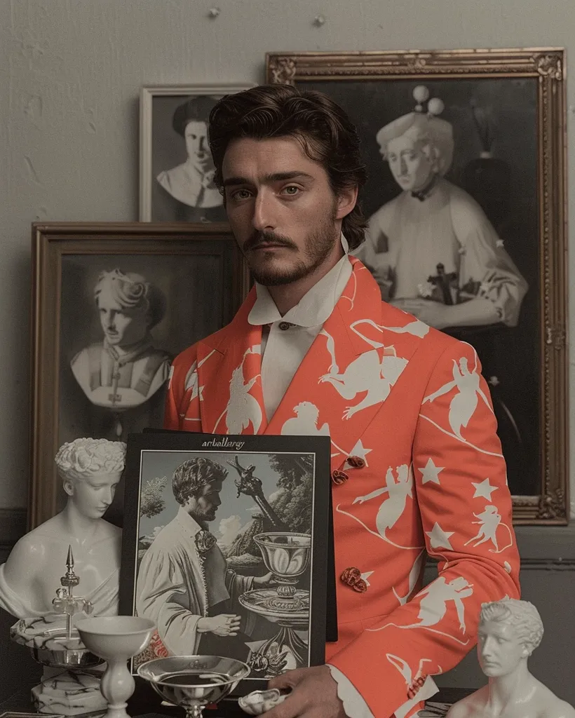 A man in a bright orange jacket with white figures printed on it, stands in front of a series of framed portraits, holding a black and white picture in his right hand. The man has a dark beard and dark hair, and his white shirt is visible underneath his jacket.  A classical bust sits beside him, and in the foreground are various silver chalices and bowls. The portraits are of individuals in various costumes and poses.