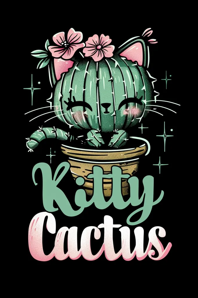 A cartoon cactus is shaped like a cat, with pink flowers on its head and a brown pot. Its eyes are closed and it has a sweet expression. The words "Kitty Cactus" are written beneath the pot in a playful font. The image is set against a black background with small white stars.