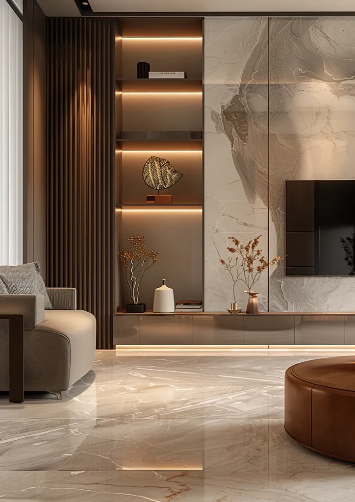 The image shows a modern living room with a sleek, minimalist design. The focal point is a large, flat-screen TV mounted on a marble wall. The wall is accented with a geometric pattern and the TV is flanked by a set of shelves with a decorative leaf and a vase. The room features a comfortable sofa with a throw pillow, and a stylish leather ottoman. The floor is covered in elegant, light-colored marble tiles. The overall ambiance is one of luxury and sophistication.