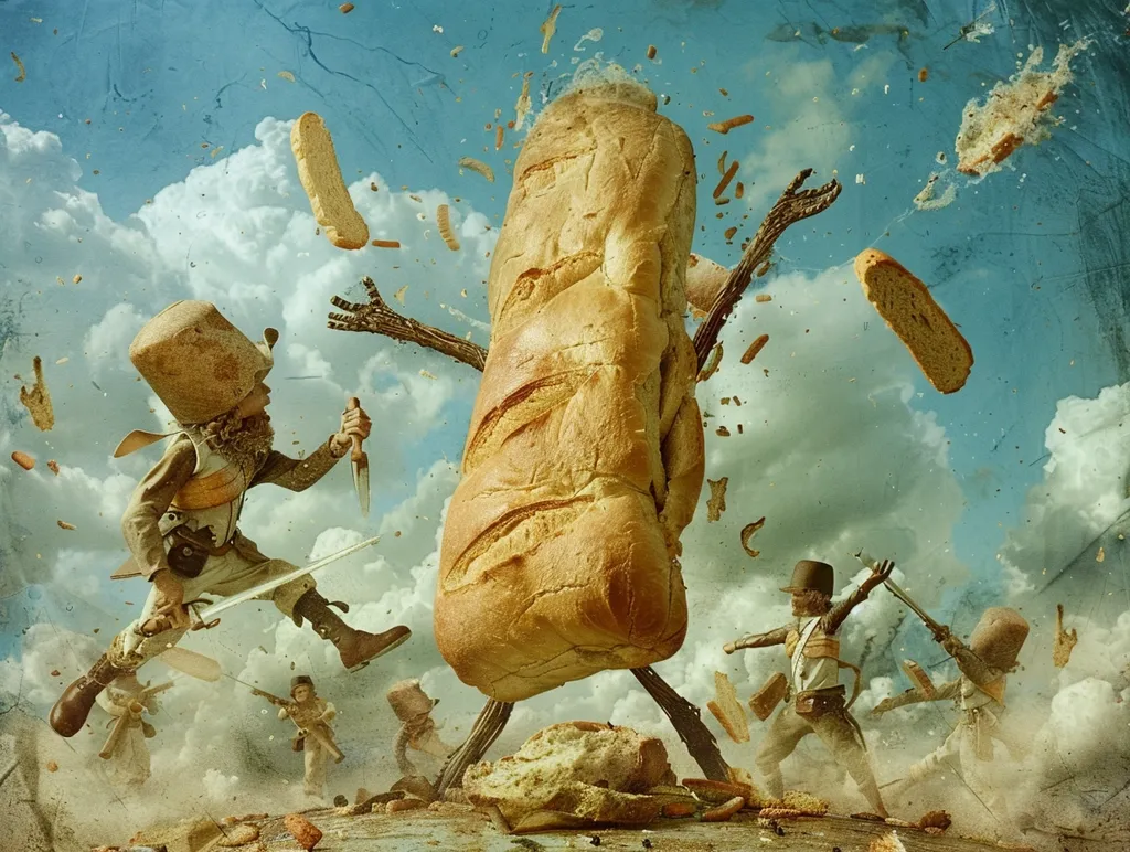 A giant loaf of bread battles with miniature soldiers dressed in bread-themed attire, all amidst a flurry of bread crumbs and pieces of bread flying through the air. The soldiers wield swords and axes, clashing against the colossal bread. The sky is a bright blue with white puffy clouds. The scene is chaotic and fantastical, suggesting a whimsical and absurd battle.