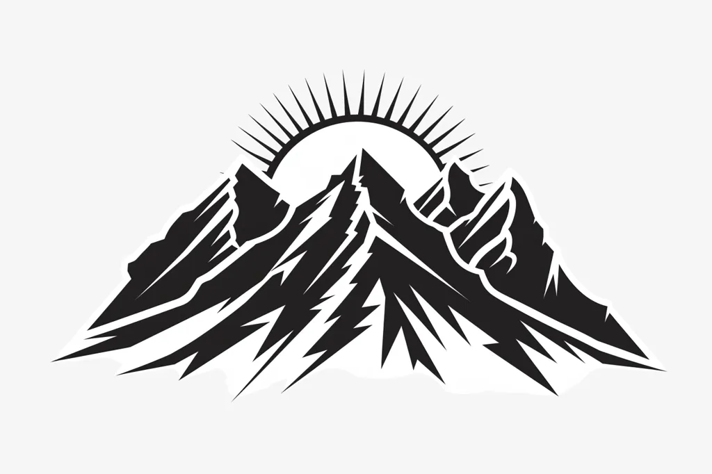 The image depicts a stylized silhouette of a mountain range with a sun rising behind it. The mountain peaks are jagged and sharp, creating a sense of grandeur and power. The sun is represented by a simple circle with radiating lines, adding a touch of warmth and hope to the scene. The black and white color scheme creates a strong contrast and emphasizes the bold outlines of the mountains. The image is a simple yet powerful representation of nature's beauty and resilience.