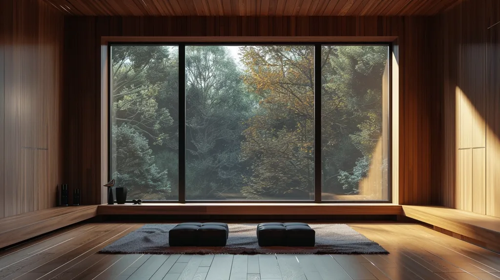 The image shows a minimalist room with wooden walls and floors. A large window takes up most of one wall, offering a view of a lush green forest. Two black cushions sit on a grey rug, creating a calm and inviting atmosphere. Sunlight streams in through the window, casting warm shadows on the wooden surfaces. The overall effect is one of serenity and tranquility.