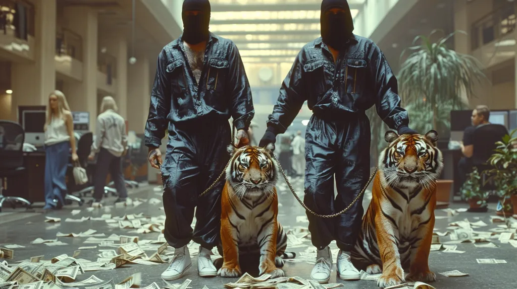 Two men in black ski masks and blue jumpsuits are walking through a building with a tiger on a leash. The floor is covered in money.  They are walking past other people who are not paying them any attention. The image has a dark and dangerous vibe. The men appear to be powerful and dangerous, and the tiger adds to the sense of danger and unpredictability. The money on the floor suggests wealth and power. The men and their tigers are a symbol of the criminal underworld.