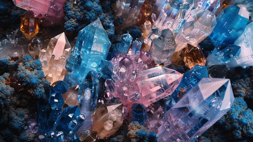 A close-up of a cluster of sparkling crystals, showcasing a vibrant array of colors. The crystals are primarily blue, pink, and clear, with hints of brown and green. Their multifaceted surfaces reflect light, creating a mesmerizing interplay of colors and textures. The image evokes a sense of wonder and the beauty of nature's artistry.